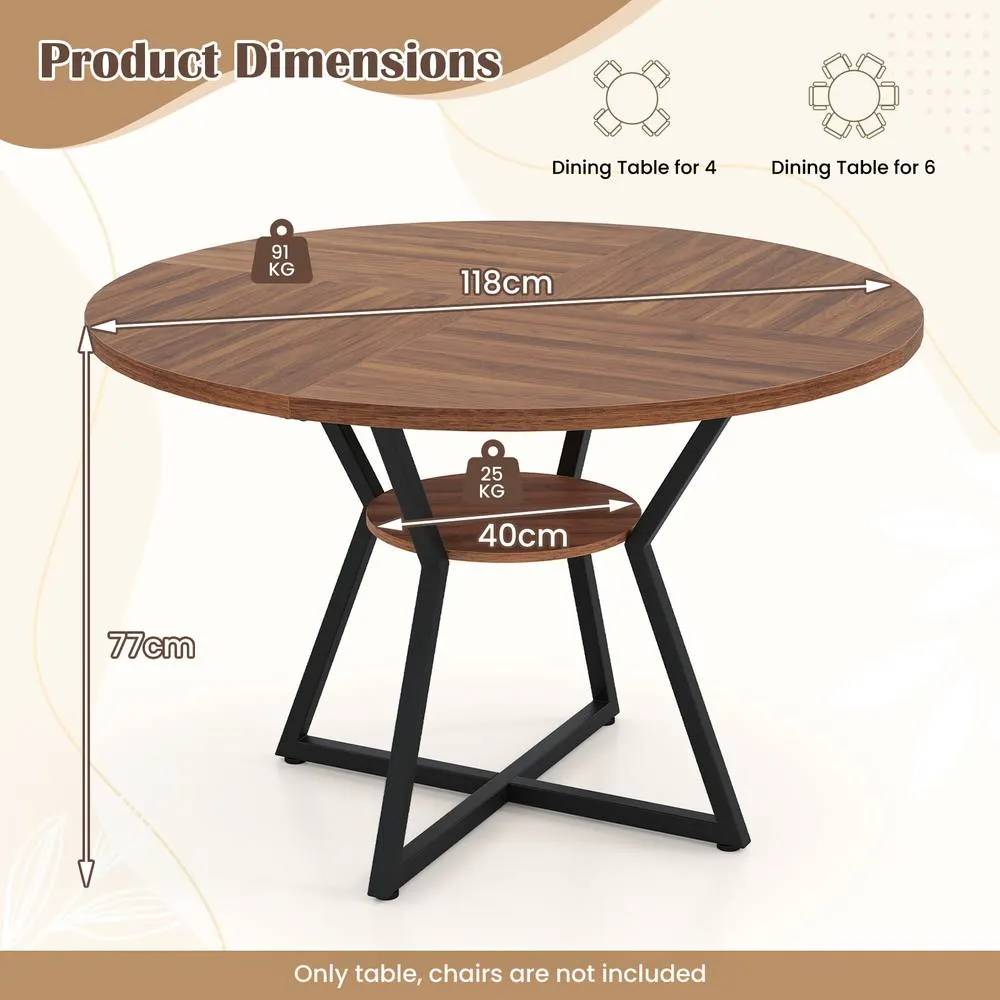 Costway Round Wooden Kitchen Table Dining Table w/ Storage Shlef in Brown 2