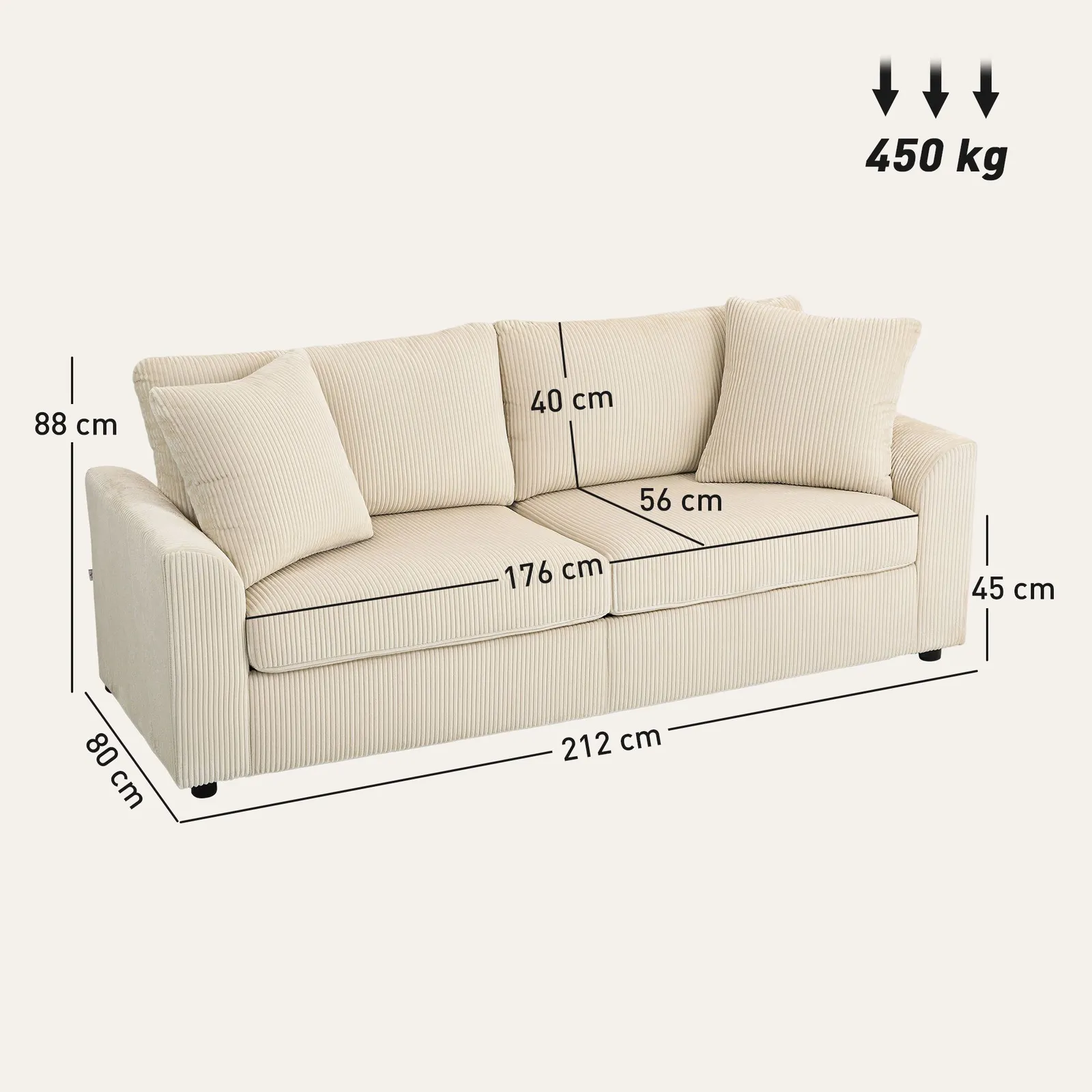 HOMCOM 212 cm Upholstered Jumbo Cord Sofa Couch with Spring Cushion, Cream 3