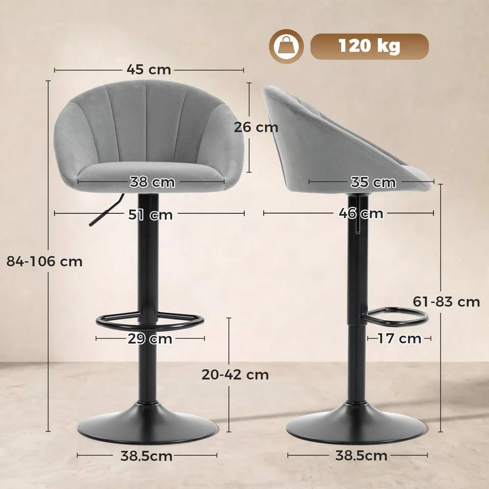 HOMCOM Bar Stools Set of 2 Velvet Adjustable Swivel in Light Grey 3