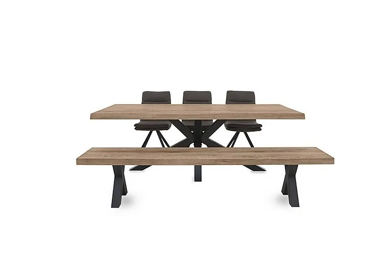 Njord Raw Edge Dining Table with Metal Star Base, Bench and 3 Anthracite Fabric Swivel Chairs - 220-cm - Storm Wood
