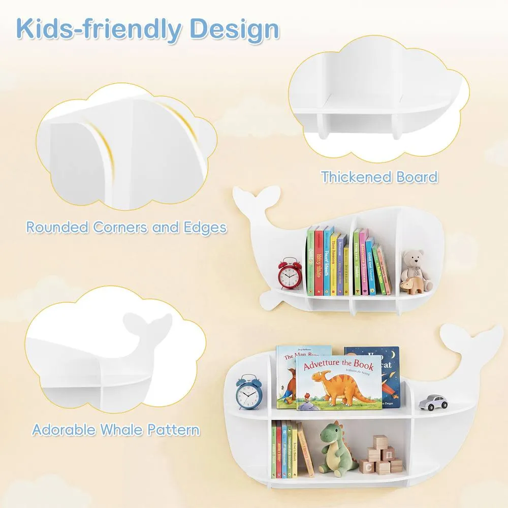 Costway 2PCS Whale Floating Shelves Wall Mounted Storage Display Rack in White 4