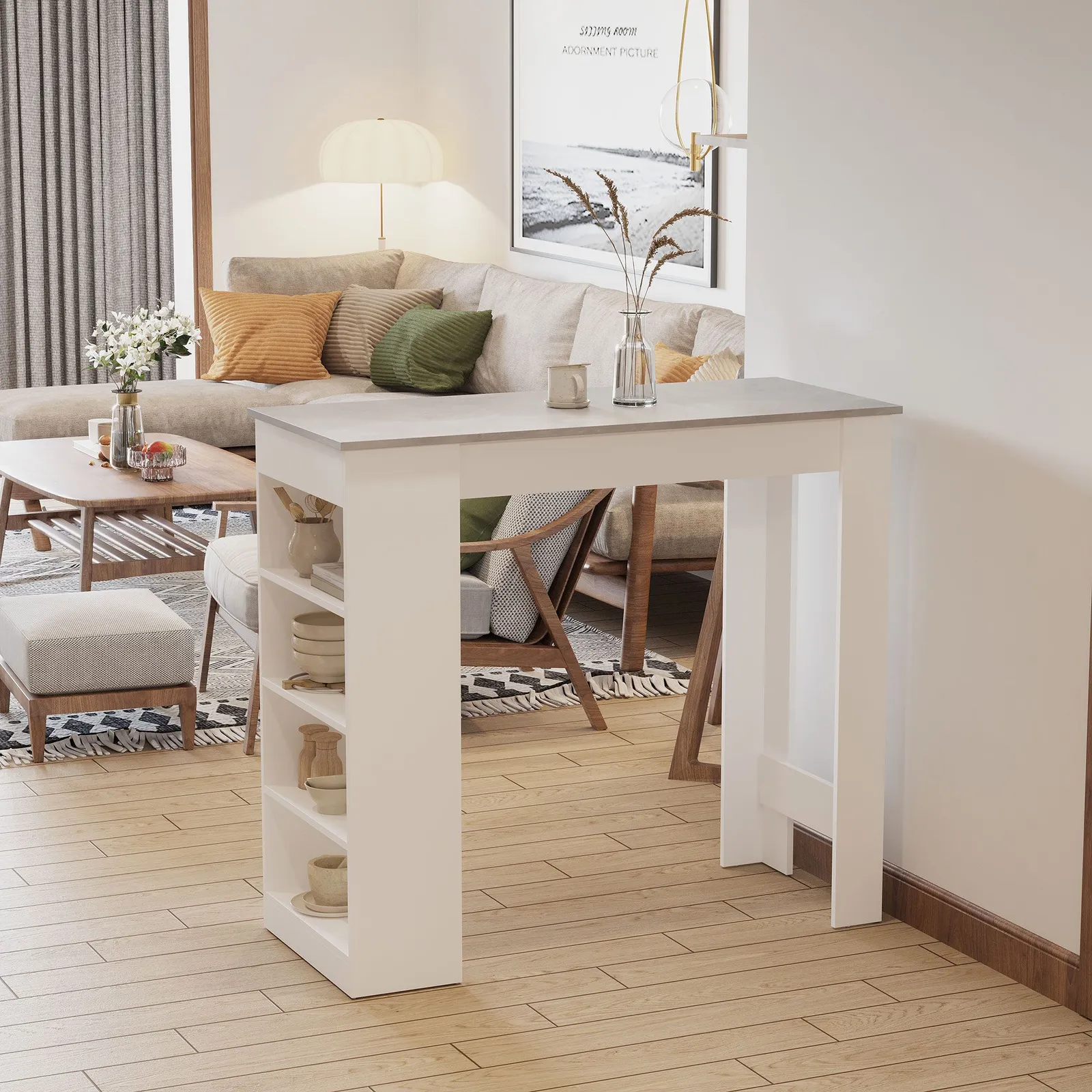 HOMCOM Table Kitchen Dining Table w/ 3-Tier Storage Shelf Living Room in Grey