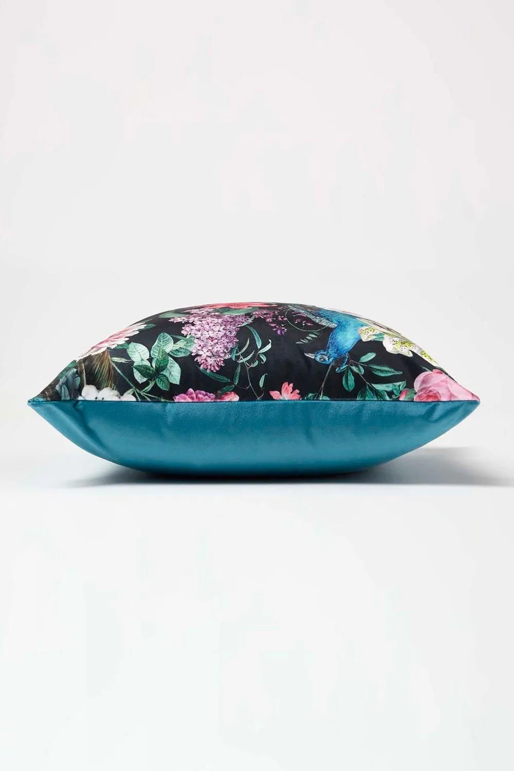 Homescapes Floral Peacock Black & Teal Filled Velvet Cushion 46 x 46 cm 4
