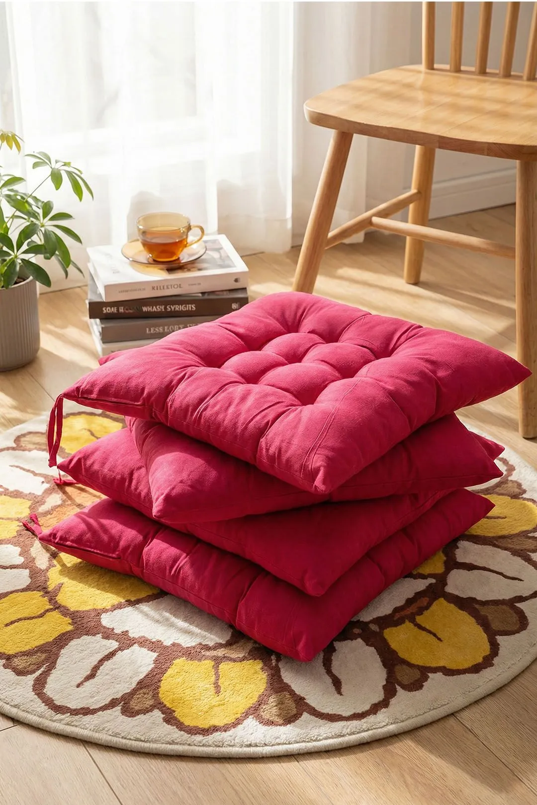 Living and Home 4Pcs Rose Red Soft Seat Pads with Ties for Dining Chairs Desk Chair, 40 x 40cm