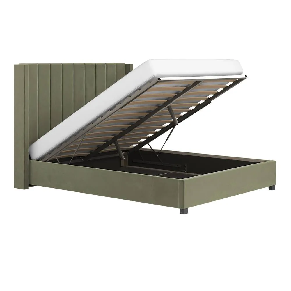 Flair Tiggy Ottoman Bed with Winged Headboard Khaki Velvet in Green 4