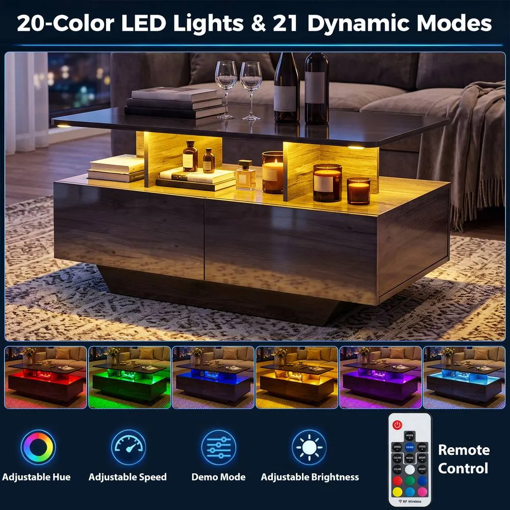 Costway Coffee Table 20-Colour Lighted High Glossy Center Table With 2 Drawers in Grey 6