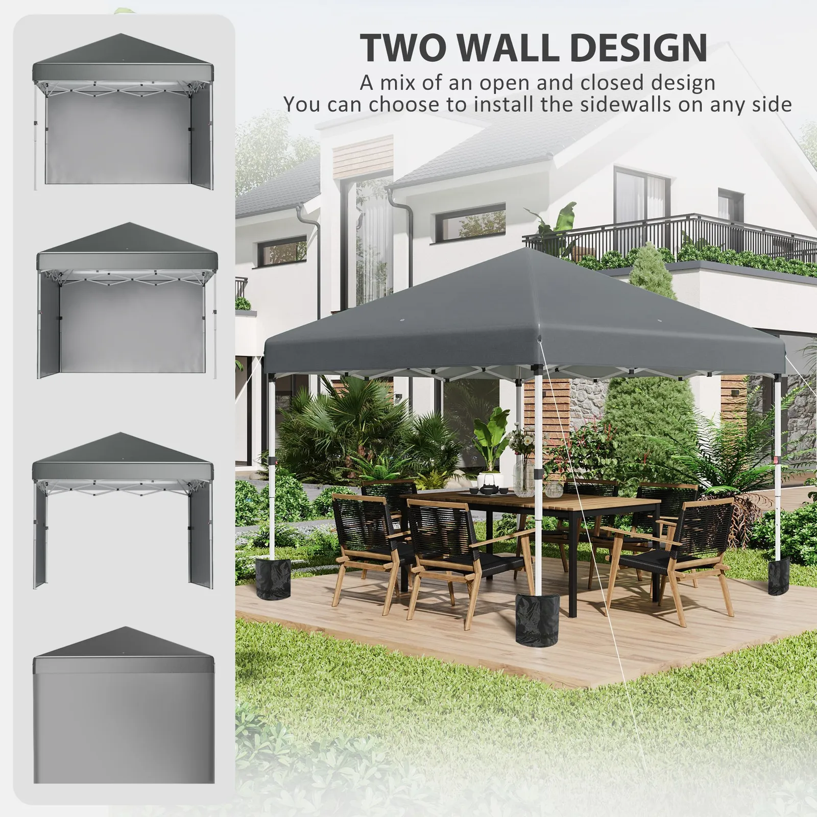 OUTSUNNY 3x3 (M) Pop Up Gazebo Party Tent w/ 2 Sidewalls, Weight Bags in Dark Grey 4