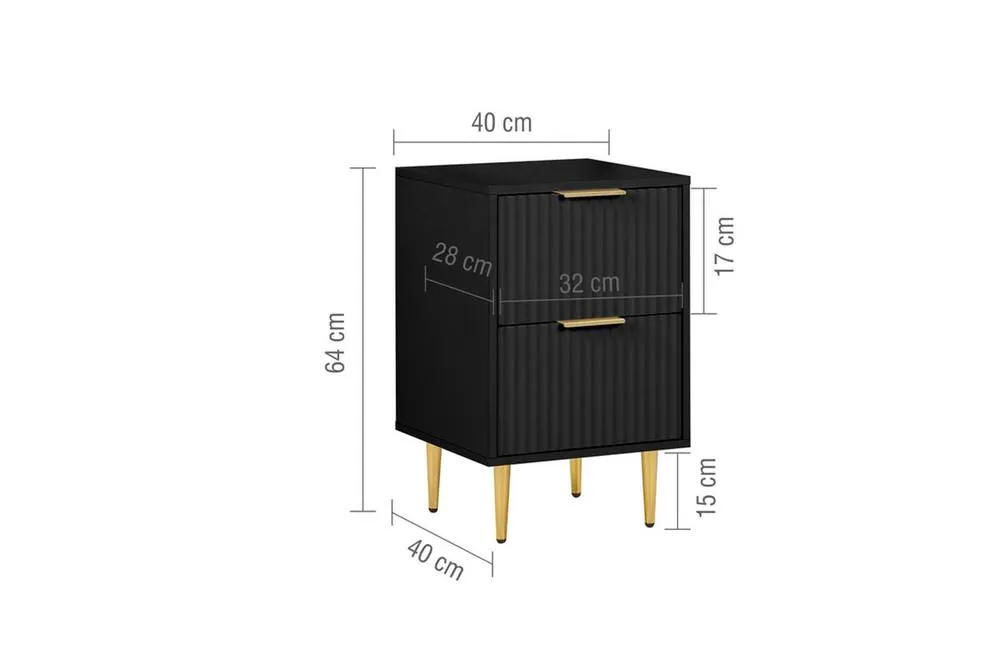 Birlea Zaza Black Bedside Cabinet 2 Drawer Fluted BedsideTable Chest 6