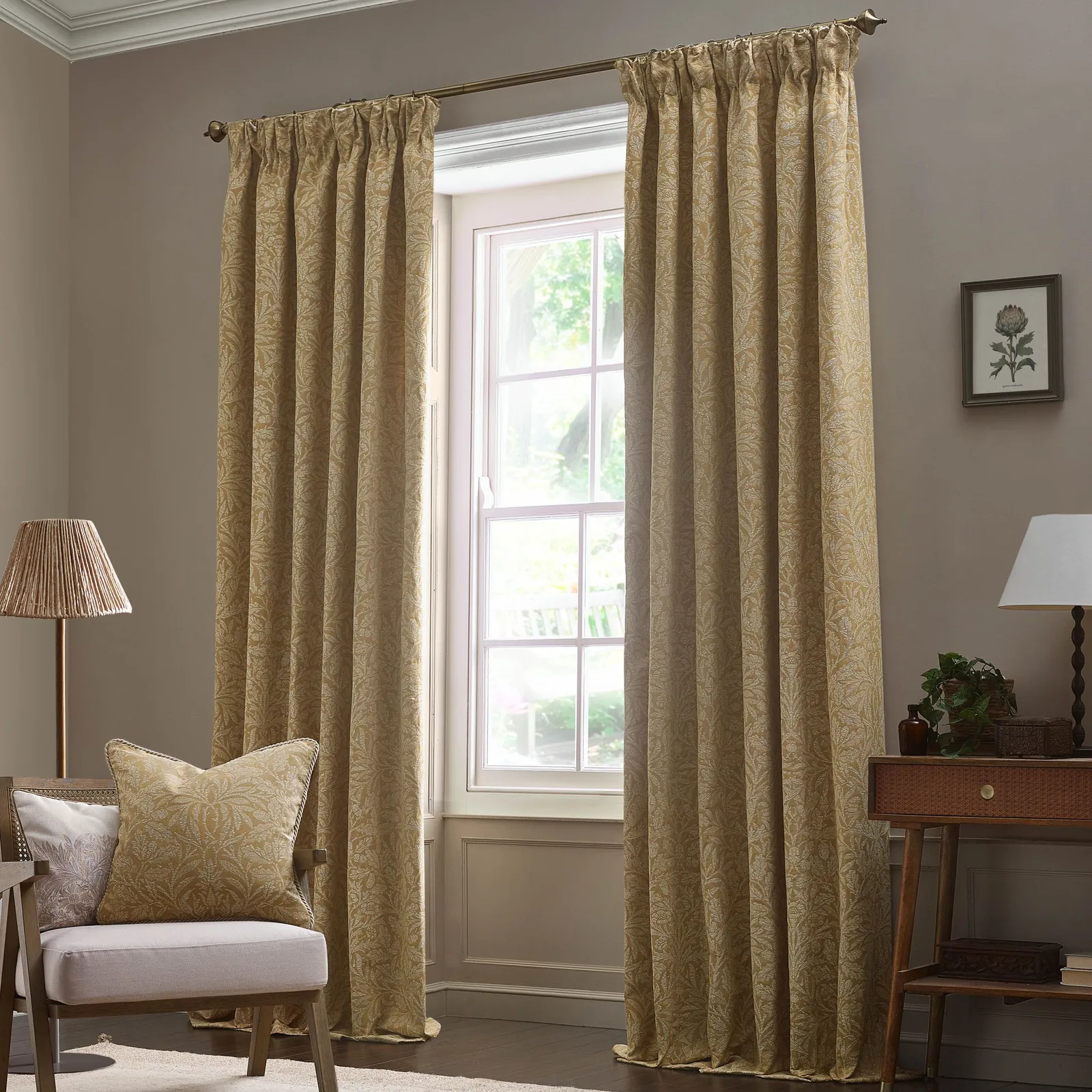 Morris & Co Acorn Tonal Fully Lined Matt Jacquard Pencil Pleat Curtains in Gold 2