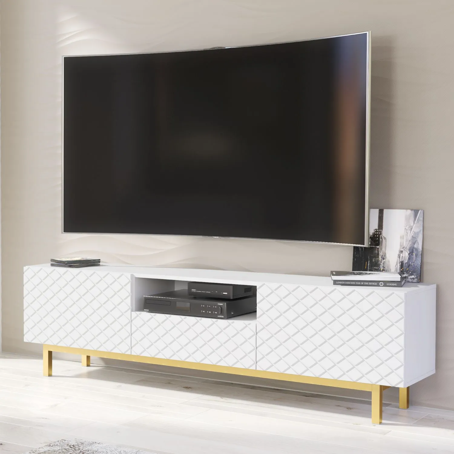 Creative Furniture Diamond Luxe TV Unit 180cm - Luxury Cabinet with Push to Open Storage in White 2
