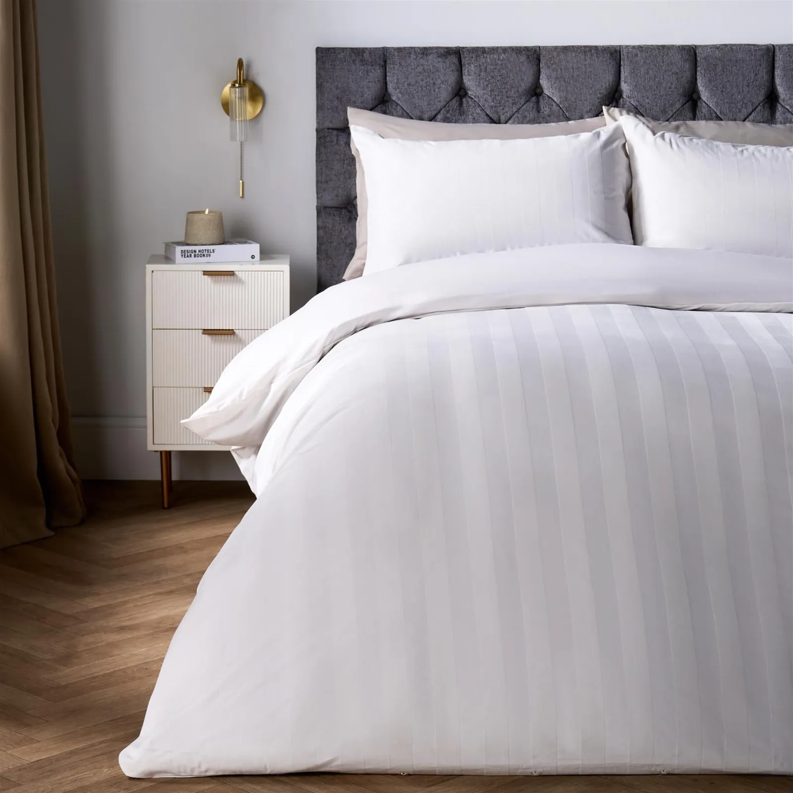 OHS Velvet Stripe Super Soft Duvet Cover Bedding Set in Cream