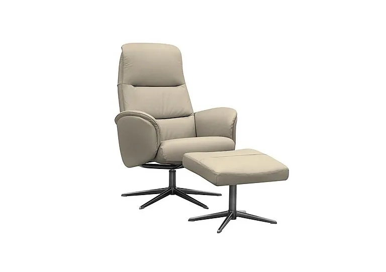 Falum Leather Swivel Recliner Chair and Footstool with Black Base - Oxford Mushroom