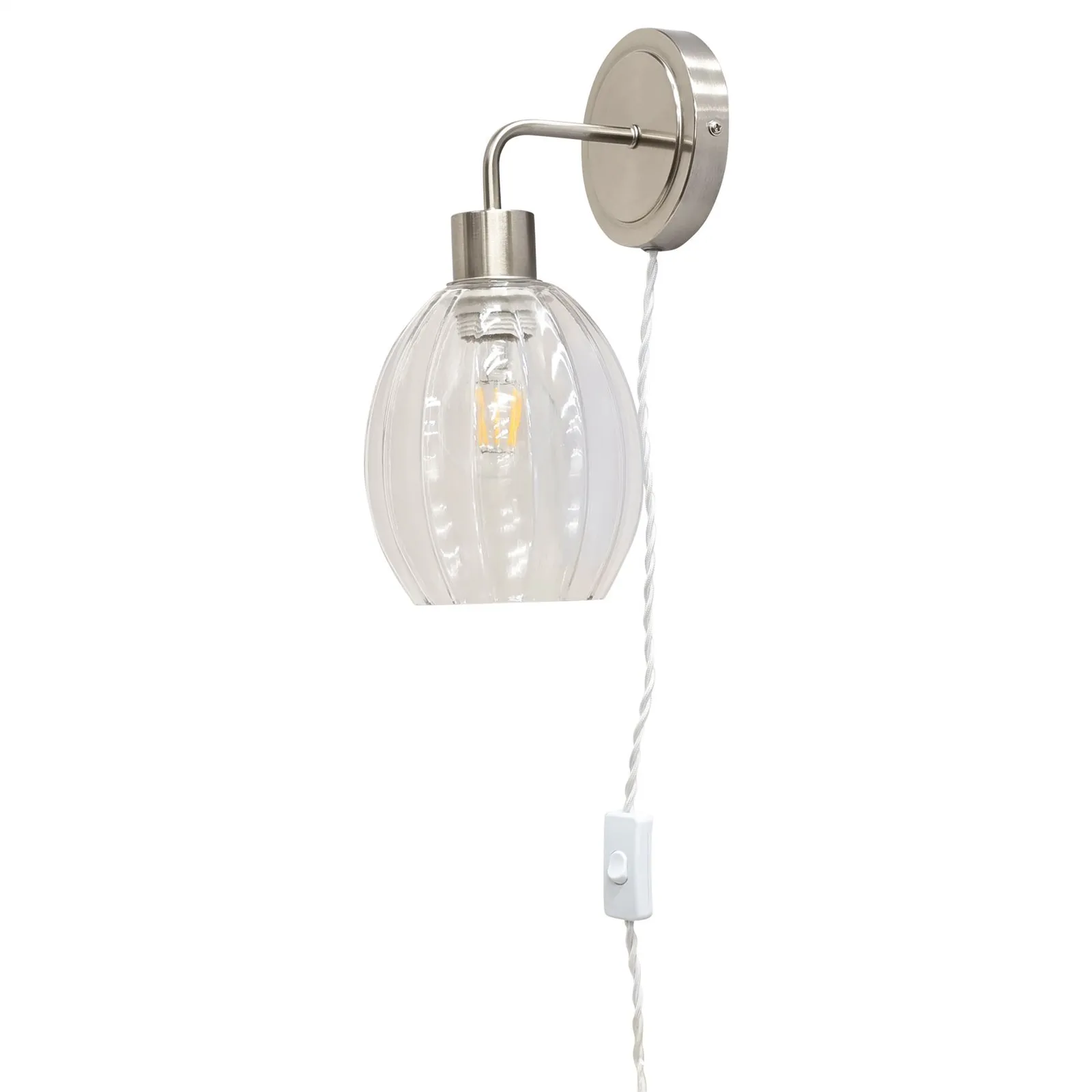 First Choice Lighting Set of 2 Toby - Satin Nickel Plug in Wall Lights Fluted Shades in Silver 2