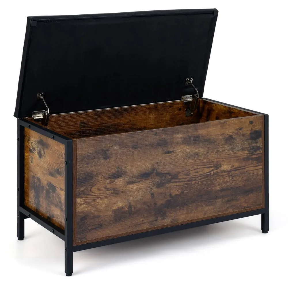 Costway Storage Chest Industrial Shoe Bench with Faux Leather Padded Seat in Brown