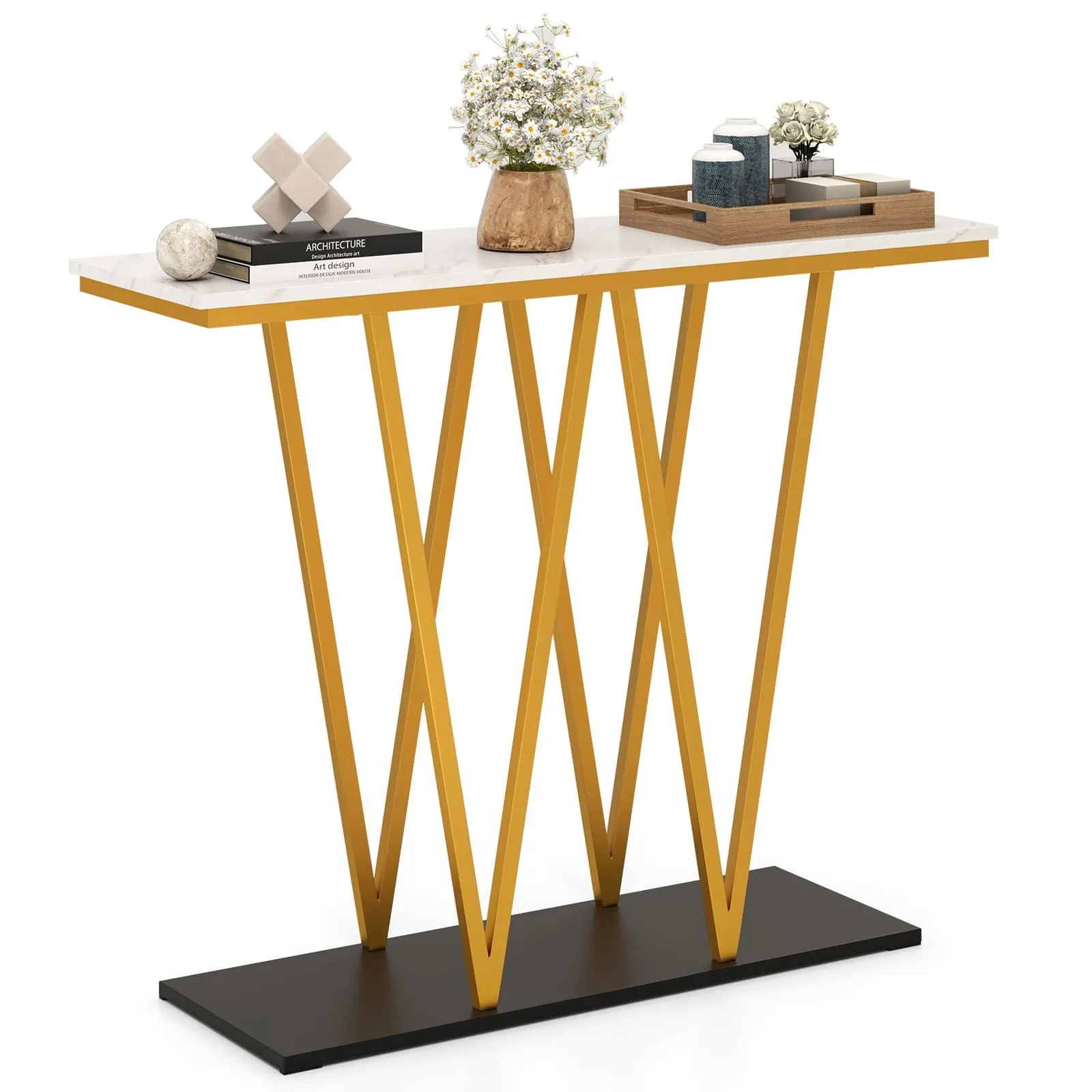Costway Console Table 100cm Extra Long Entry Table w/ Faux Marble Top in White