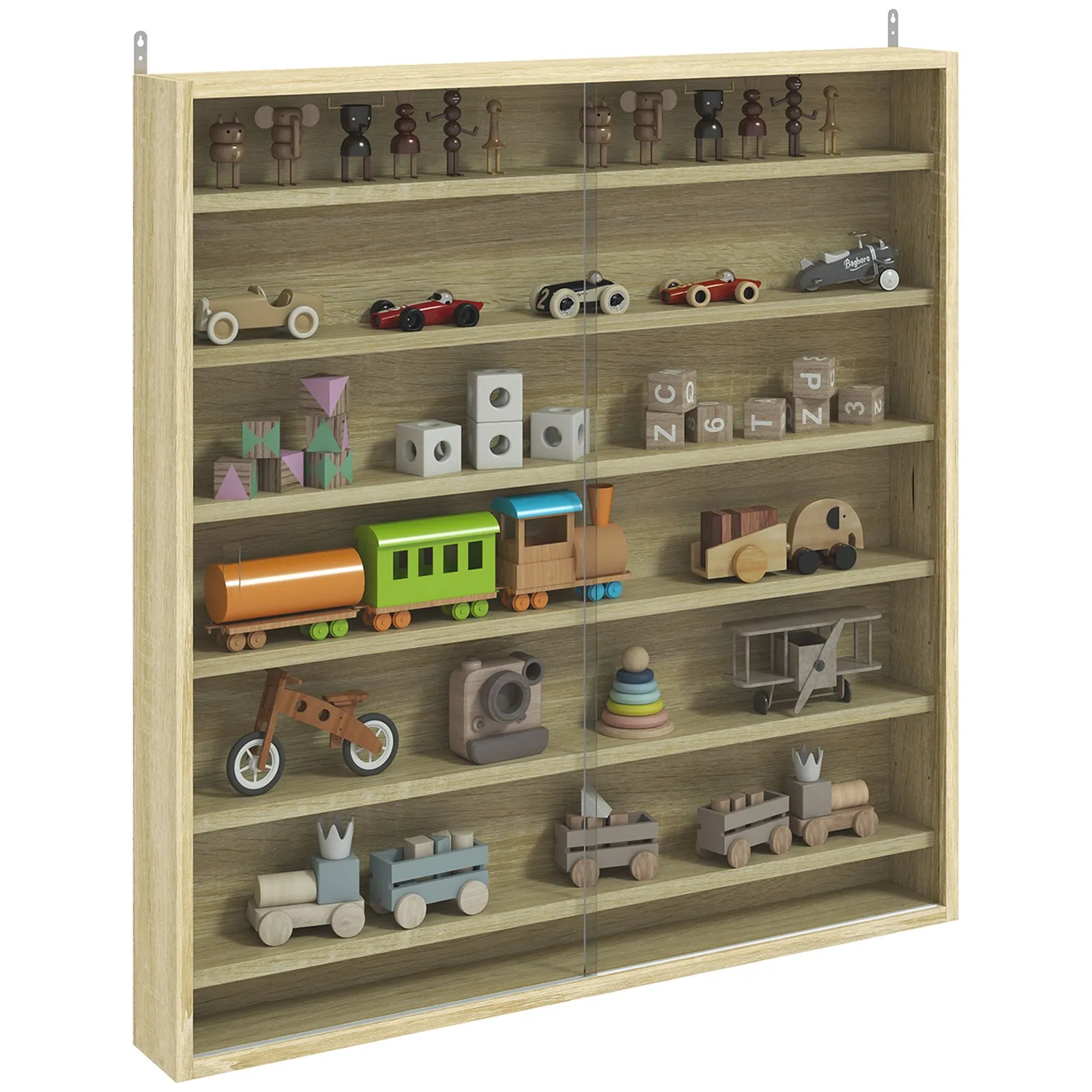 HOMCOM 7-Tier Wall Display Cabinet w/ Shelves Glass Doors in Light Brown 2