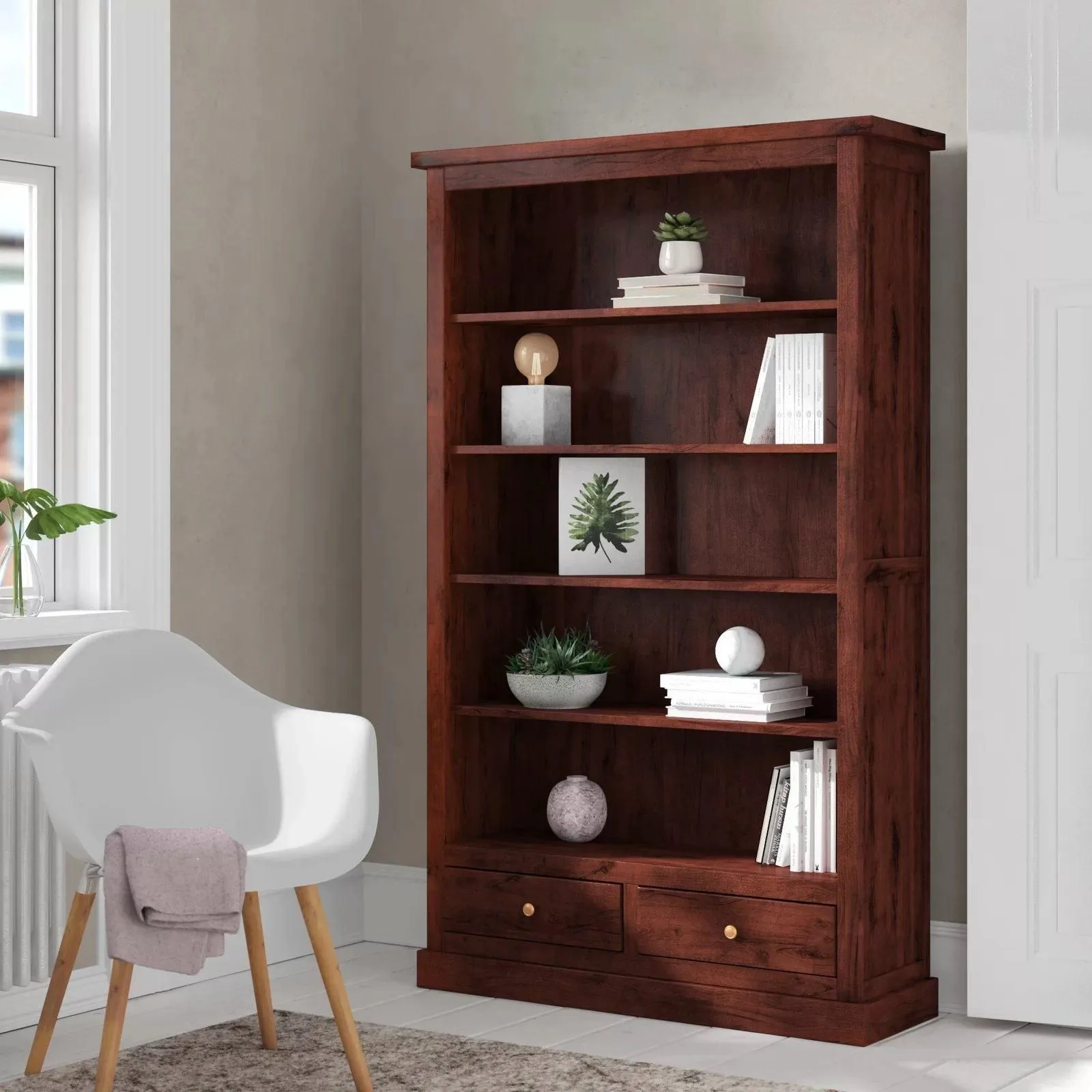 IH Design Mardig Dark Wood Large Bookcase with Drawers in Brown 2