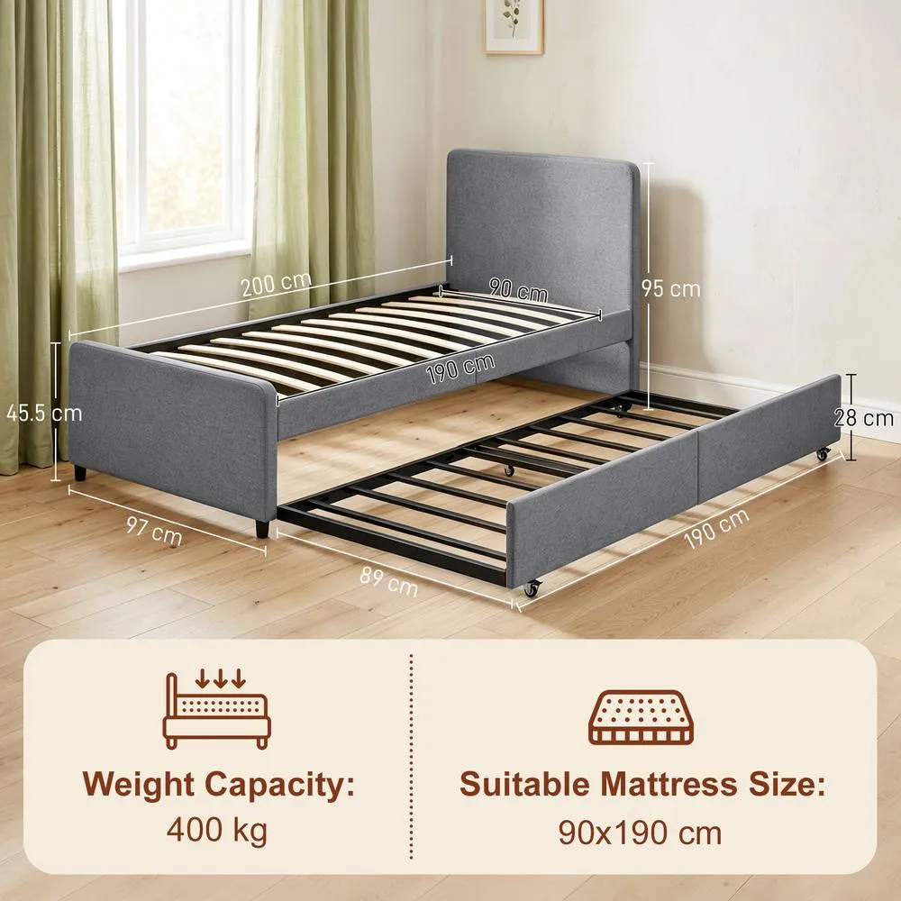 HOMCOM 90 x 190 cm Upholstered Single Bed, Pull Out Trundle Bed in Dark Grey 3