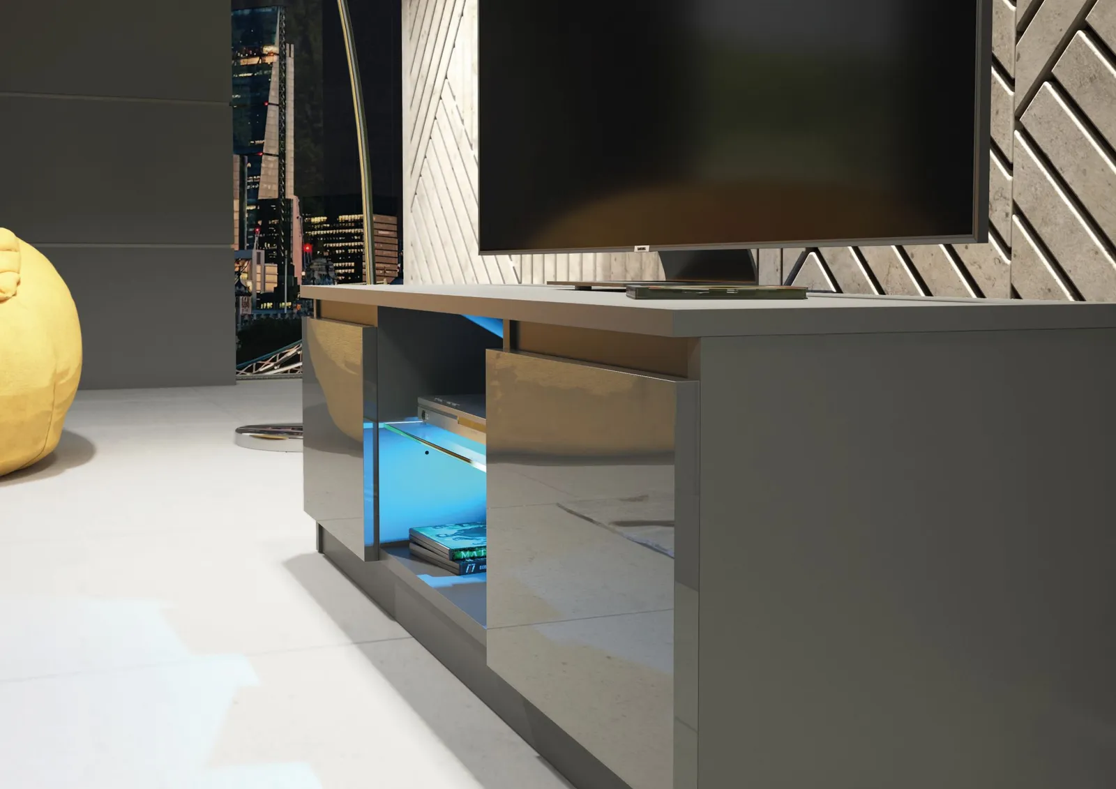 Creative Furniture Aura TV Unit 120cm - A Compact & Contemporary Cabinet with Gloss Doors & LED Lights in Dark Grey 4