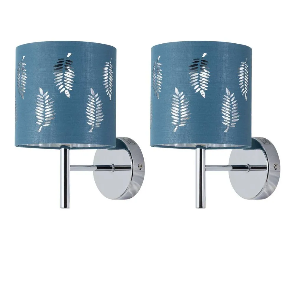 First Choice Lighting Set of 2 Brea - Chrome Wall Lights with Teal Fern Shades in Silver