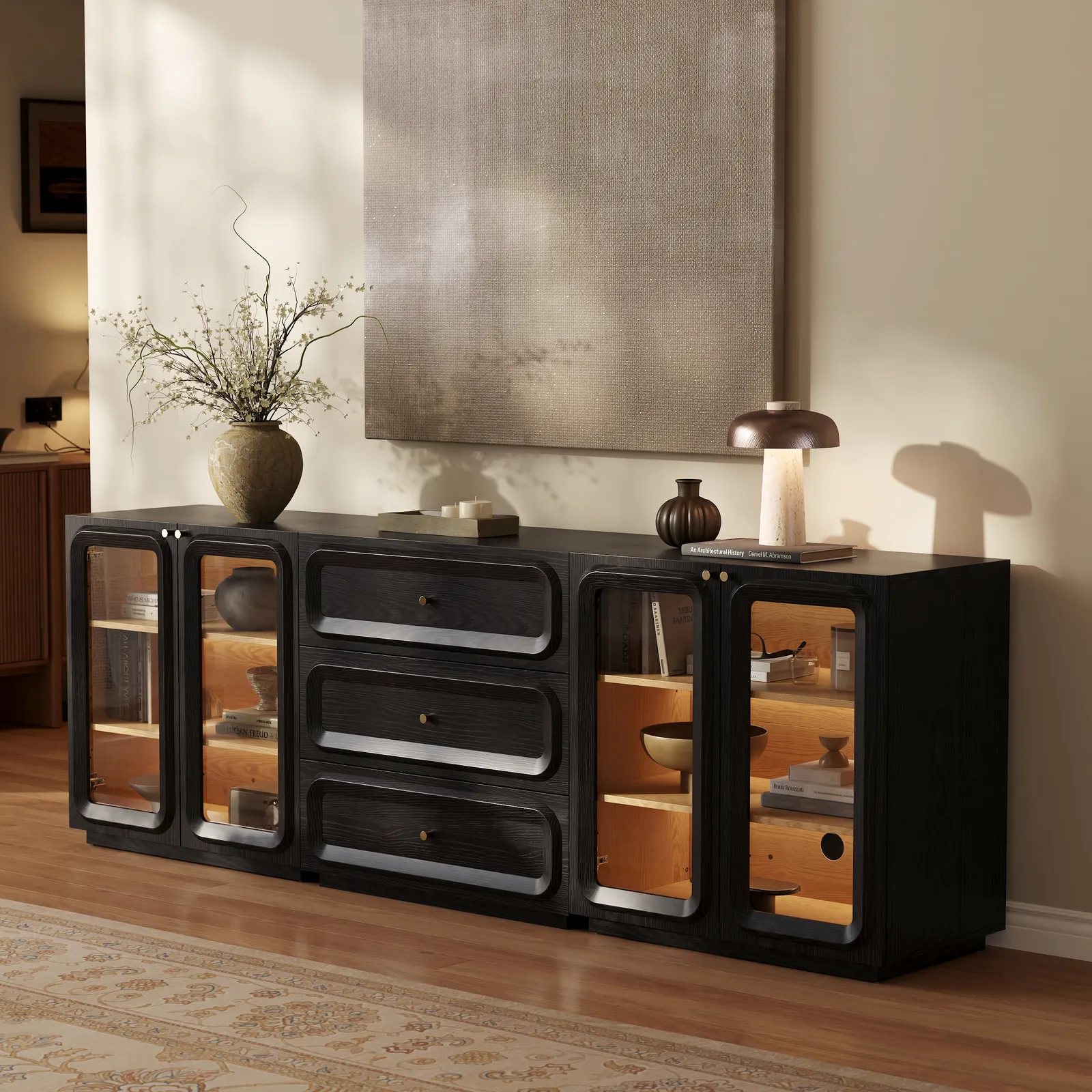 94" TV Stand with Chest Cabinet, Drawers and LED
