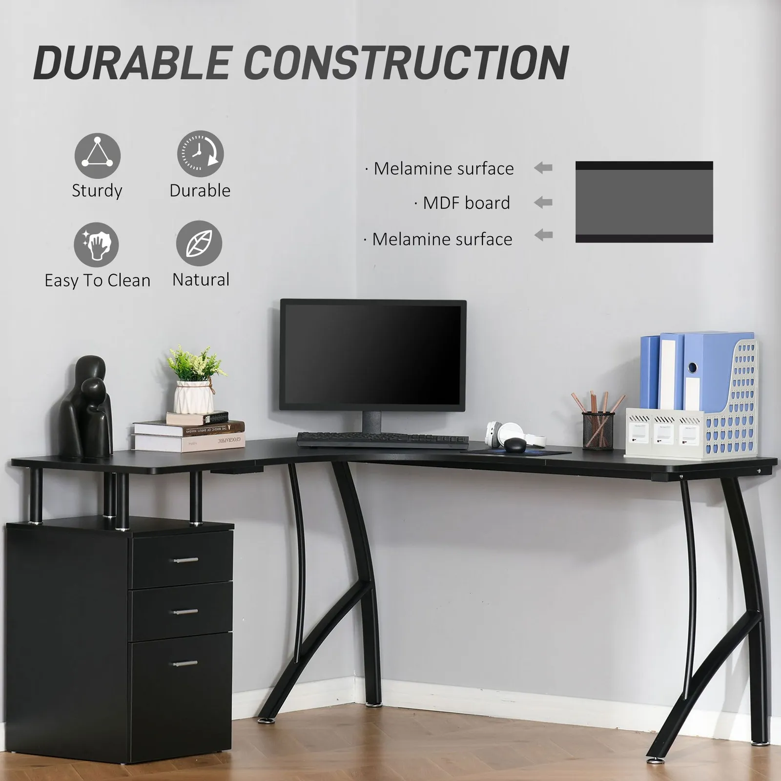 HOMCOM L-Shaped Corner PC Desk Table w/ Drawer Home Office Workstation in Black 5
