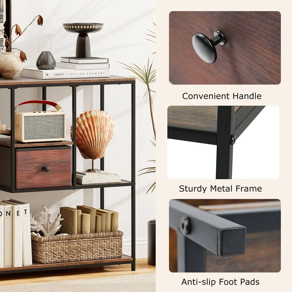 Costway 100CM Console Table Entryway Table with Drawer & 4-Tier Display Shelf in Brown 5