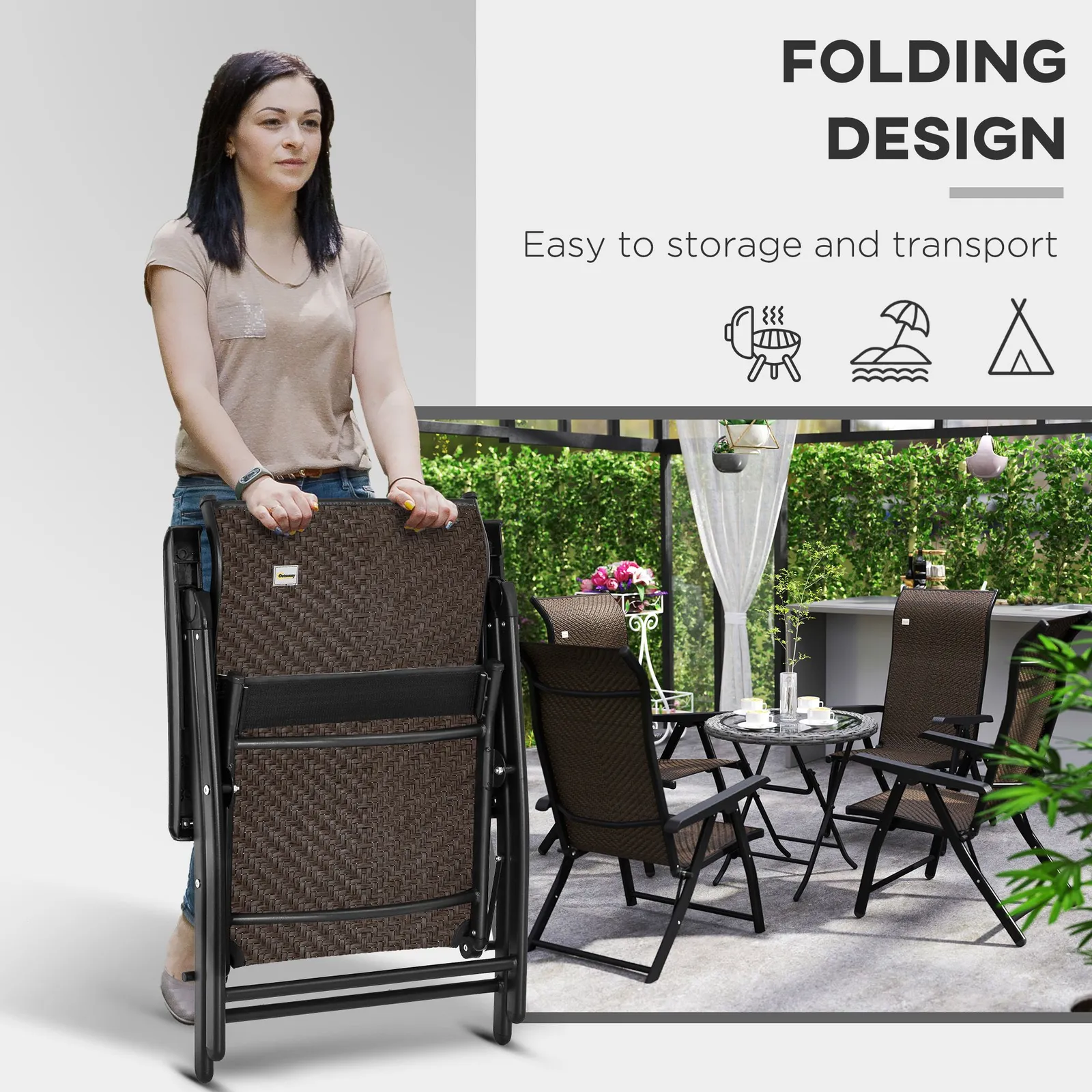 OUTSUNNY 4 PCs Outdoor Rattan Folding Chair Set with 7 Levels Adjustable Backrest Dark Brown 4