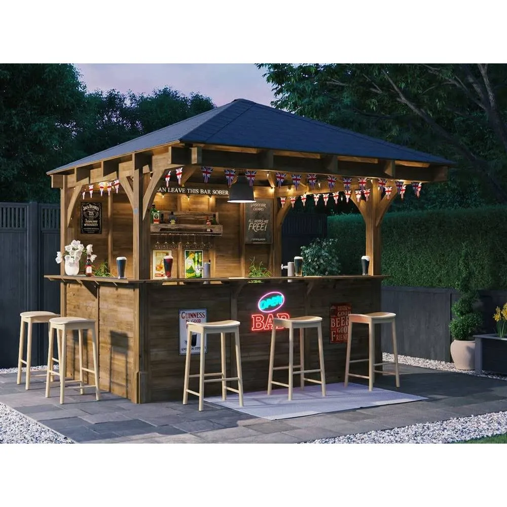 Dunster House Garden Bar 3x3m Wooden Outdoor Pub Shed Black Roof Shingles, Leviathan in Brown 3