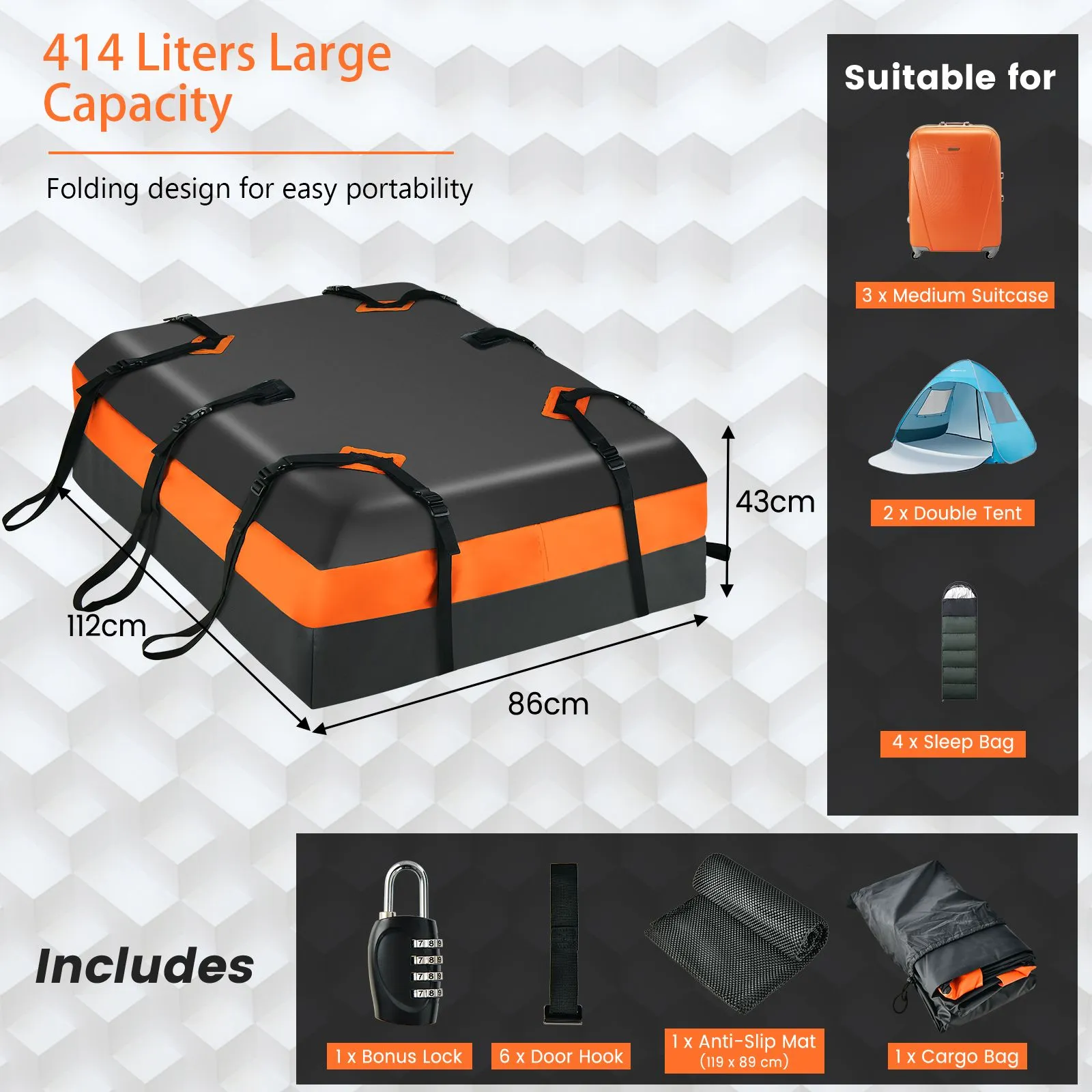Costway 424L Large Car Roof Top Rack Luggage Carrier Bag Storage Bag Travel Waterproof in Black 2