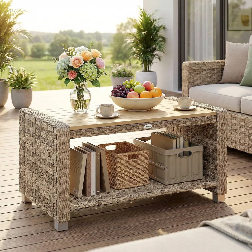 OUTSUNNY Outdoor Side Table with Storage Shelf 90 cm in Brown
