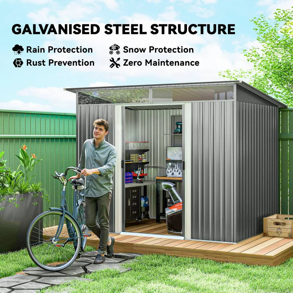 OUTSUNNY Garden Shed Outdoor Storage Tool Organiser w/ Double Sliding Door in Grey 4