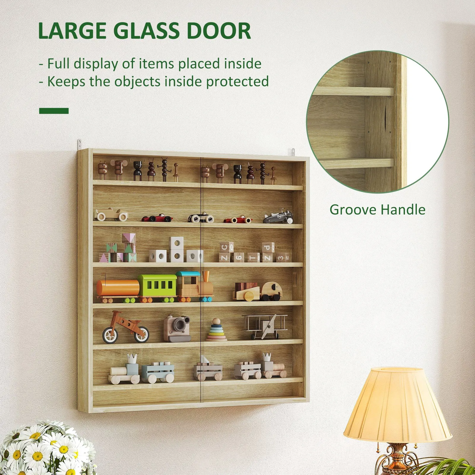 HOMCOM 7-Tier Wall Display Cabinet w/ Shelves Glass Doors in Light Brown 5