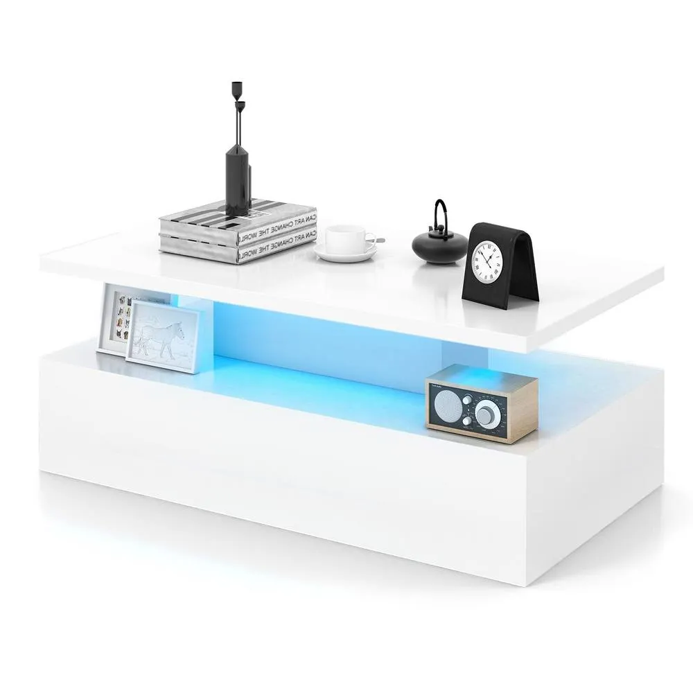Costway 2-Tier Coffee Table Modern Cocktail Table Side Table W/ LED light in White 3