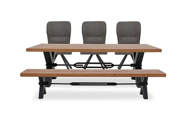 Terra Straight Edge Dining Table with Tension Bolt X-Leg, Bench and 3 Steel Fabric Swivel Chairs - 220-cm - Storm Wood