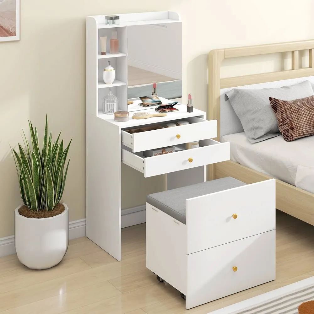 HOMCOM Dressing Table with Mirror & Stool, Makeup Desk with Drawers, White