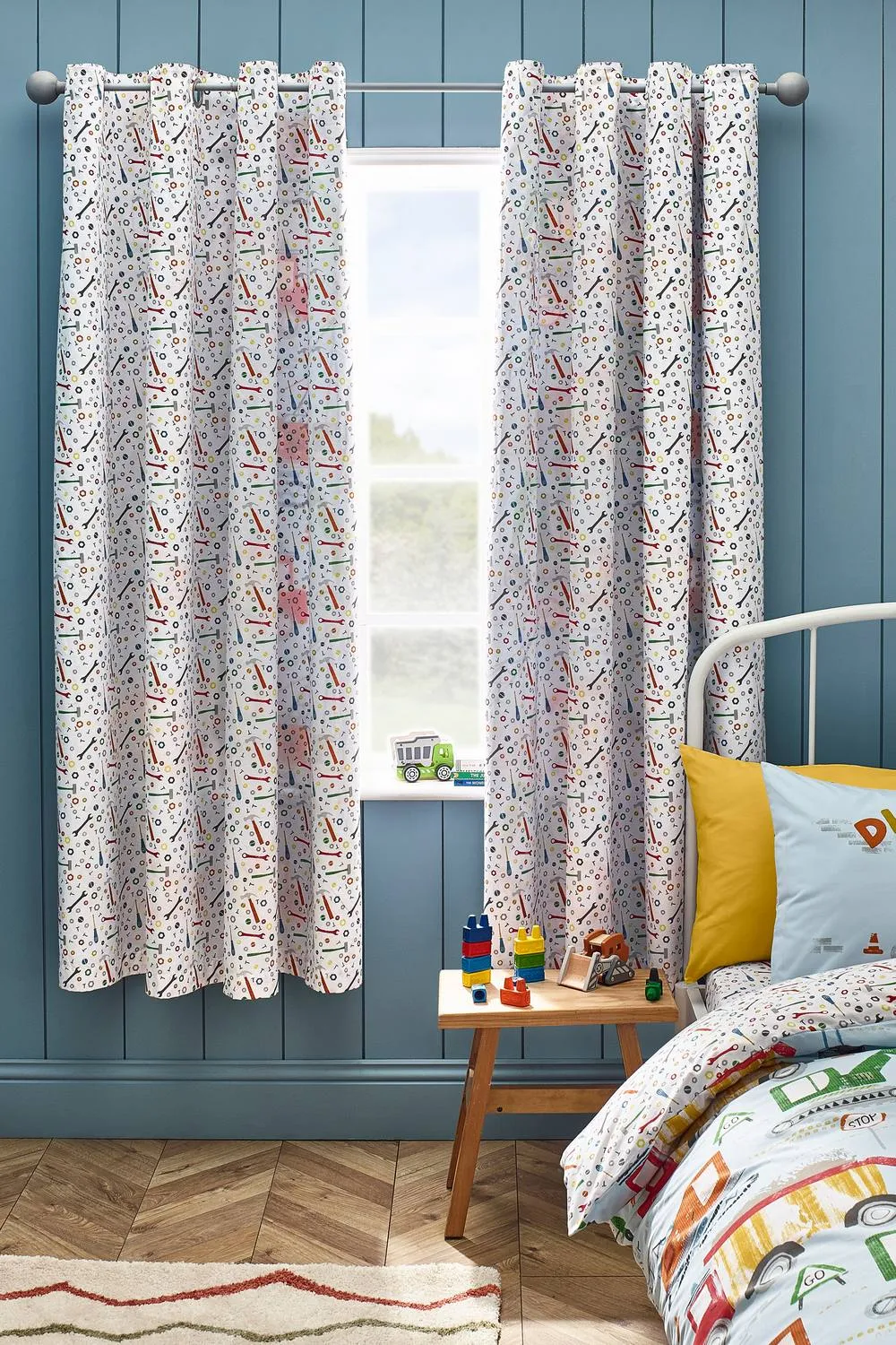 Catherine Lansfield 'Digger Dreams' Fully Reversible Eyelet Curtains in Blue 2
