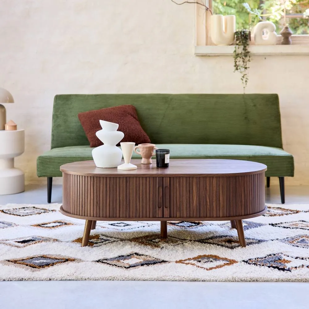sweeek Coffee Table With Sliding Doors & Grooved Wooden-effect Compartments in Dark Brown 4