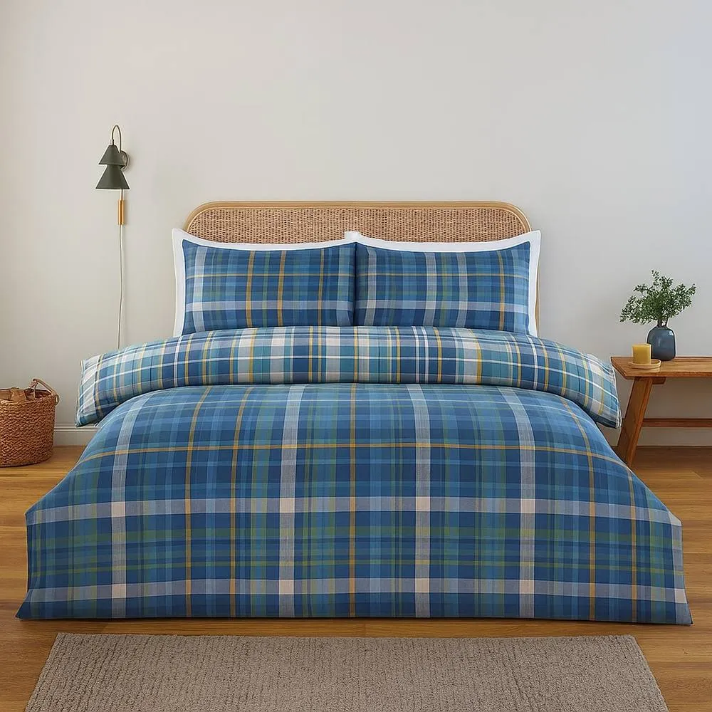 Rapport Home Regalia Check Microfibre Complete Duvet Cover Set with Fitted Sheet in Blue 1