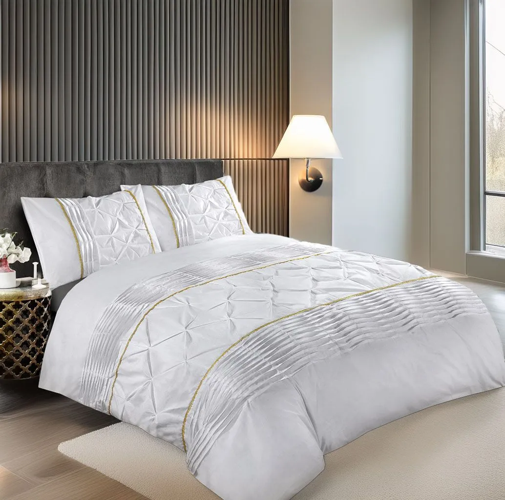 Snug City Duvet Cover & Pillowcase Set Modern Pintuck Border Pleated Bed Linen in White