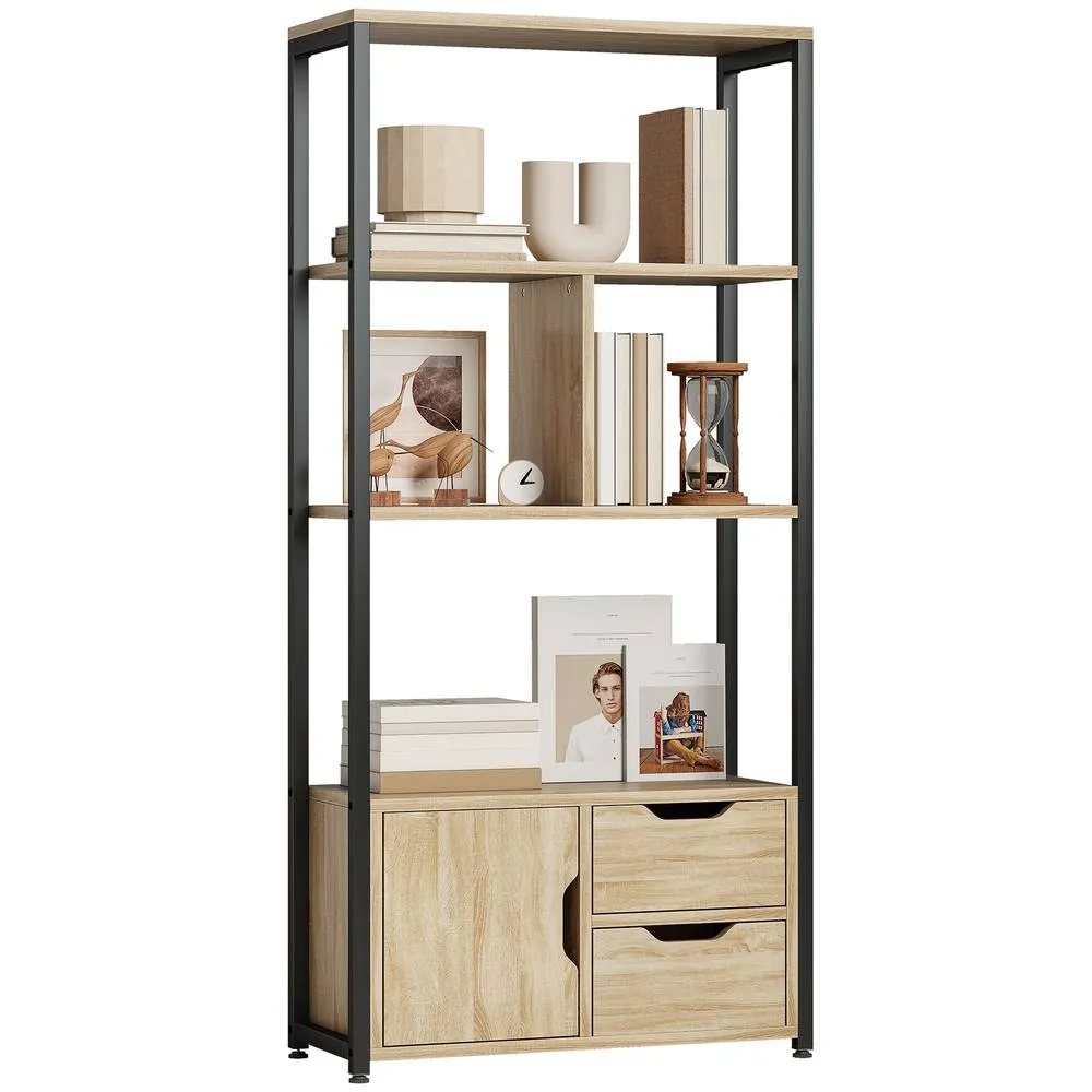 HOMCOM Industrial Bookshelf with 1 Cabinet & 2 Drawers, Natural Wood 2
