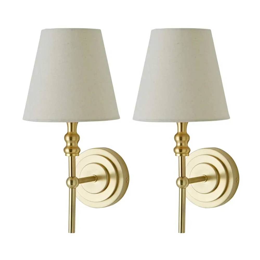 ValueLights Maggie Pair of Wall Lights with Linen Tapered Lamp Shades & Bulbs in Gold 1