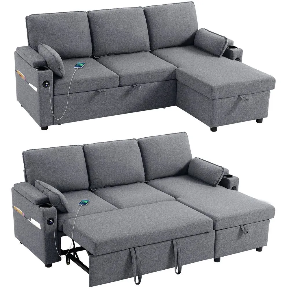 HOMCOM Corner Sofa Bed, L Shaped Sofa with Storage Chaise, USB Ports in Grey 2