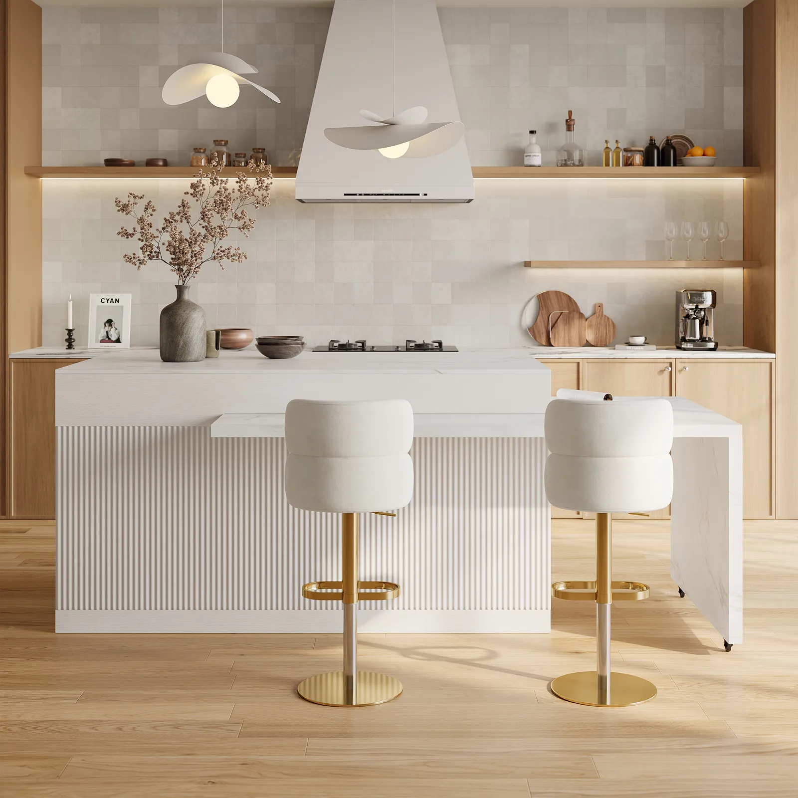 205 - 284 cm Modern Extendable White Marble Pattern Kitchen Island with Doors and Drawers