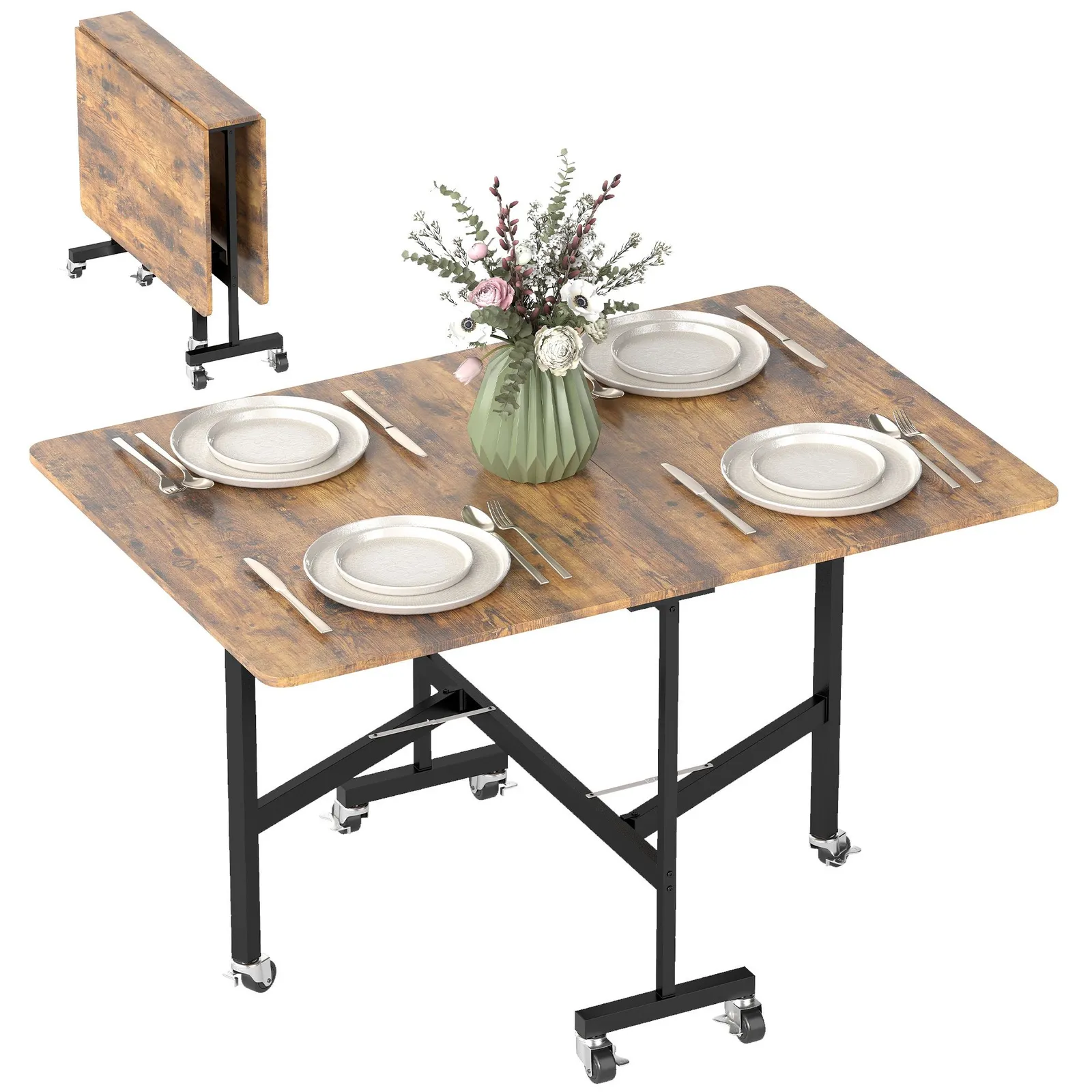HOMCOM Mobile Drop Leaf Table, Folding Kitchen Table with 6 Wheels in Brown 2