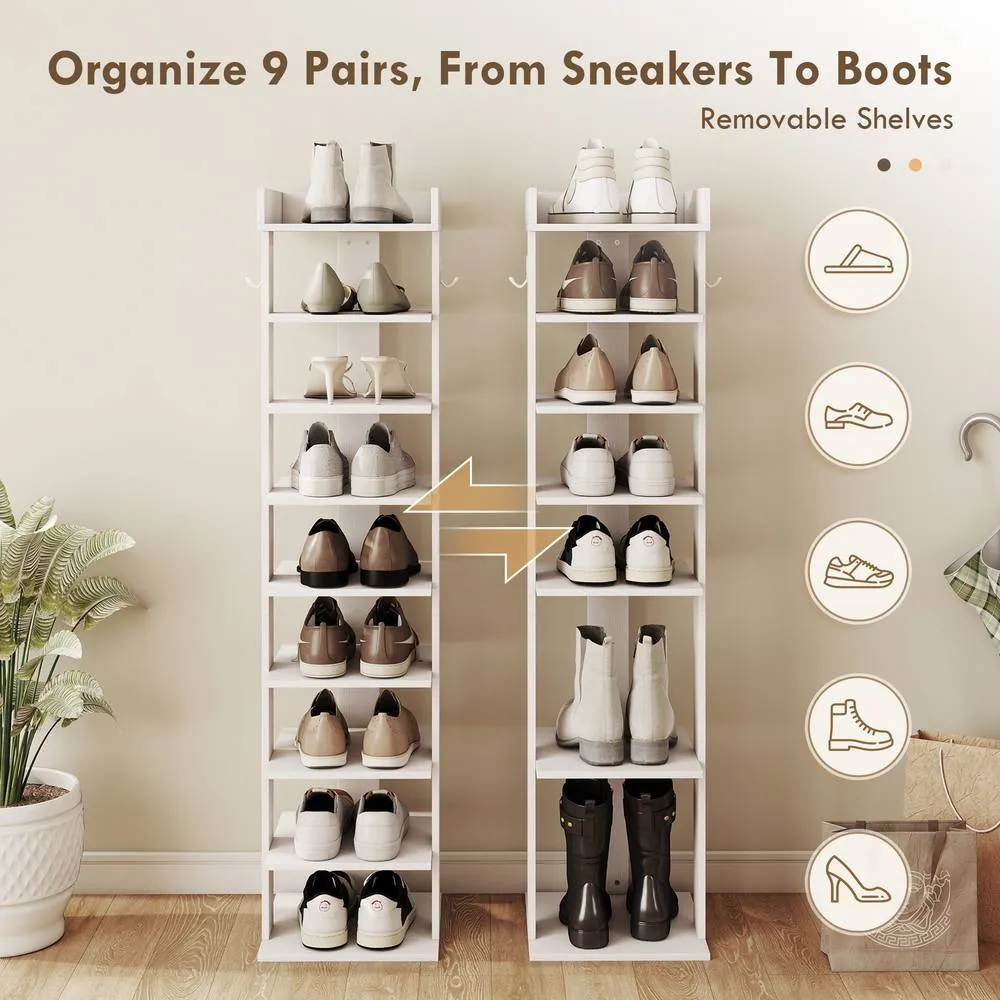 HOMCOM Shoe Rack 9-Tier Top Tray 2 Hooks 30 x 30 x 128.4 cm White 5