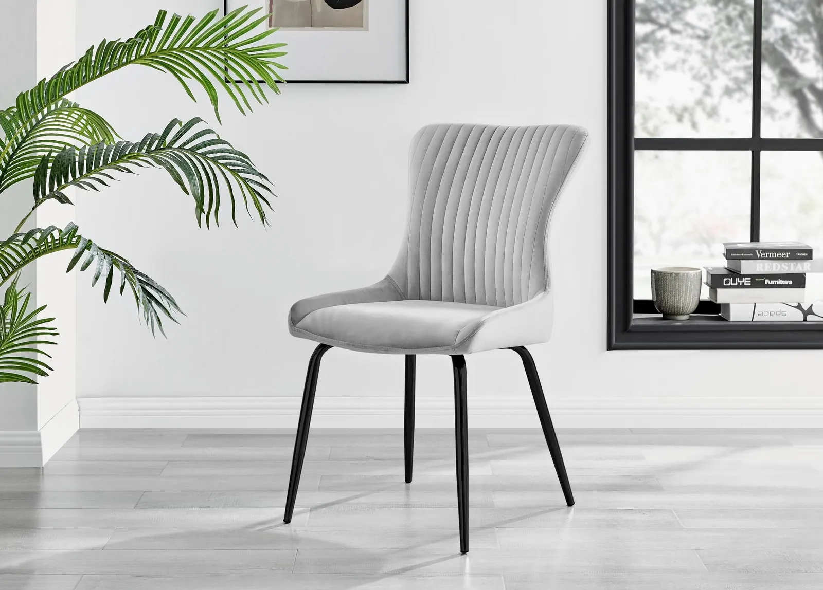 FurnitureboxUK Set of 2 Nora Deep Padded Luxurious Dining Chairs Upholstered In Soft Velvet With Black Legs in Light Grey 2