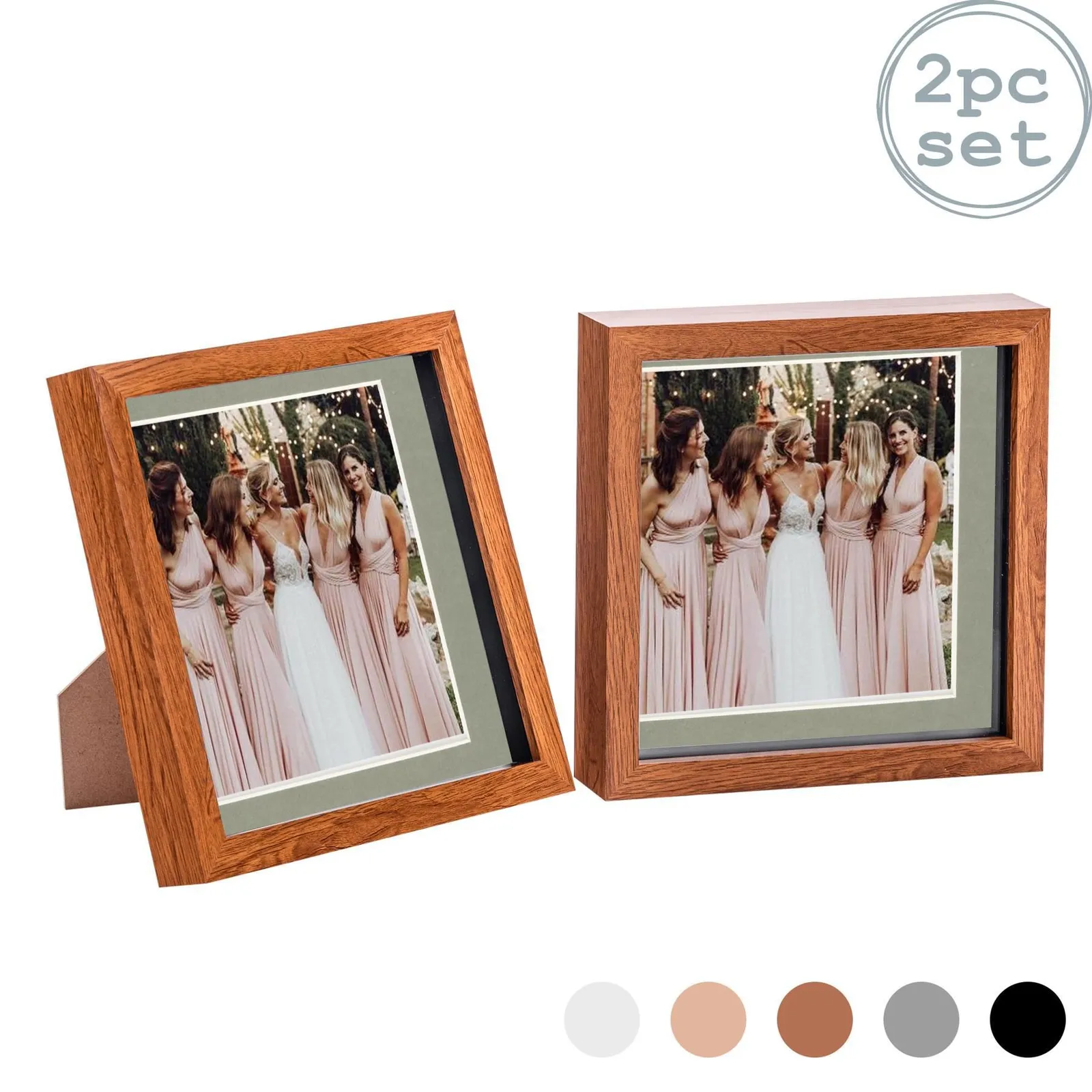 Nicola Spring 3D Box Photo Frames - 8 x 8" with 6 x 6" Mount - Ivory Mount - Pack of 2 in Dark Brown