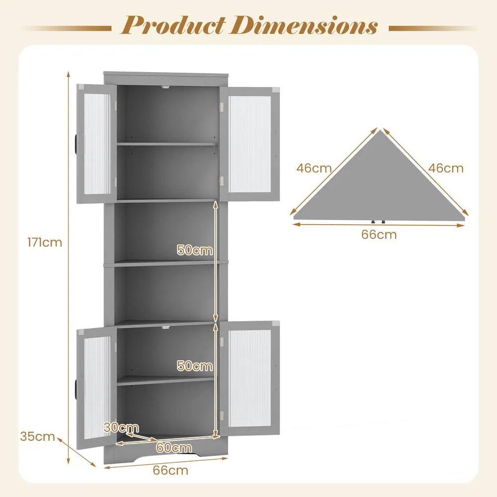 Costway 6-Tier Corner Storage Cabinet 170cm Tall Corner Hutch w/ 4 Glass Doors in Grey 2
