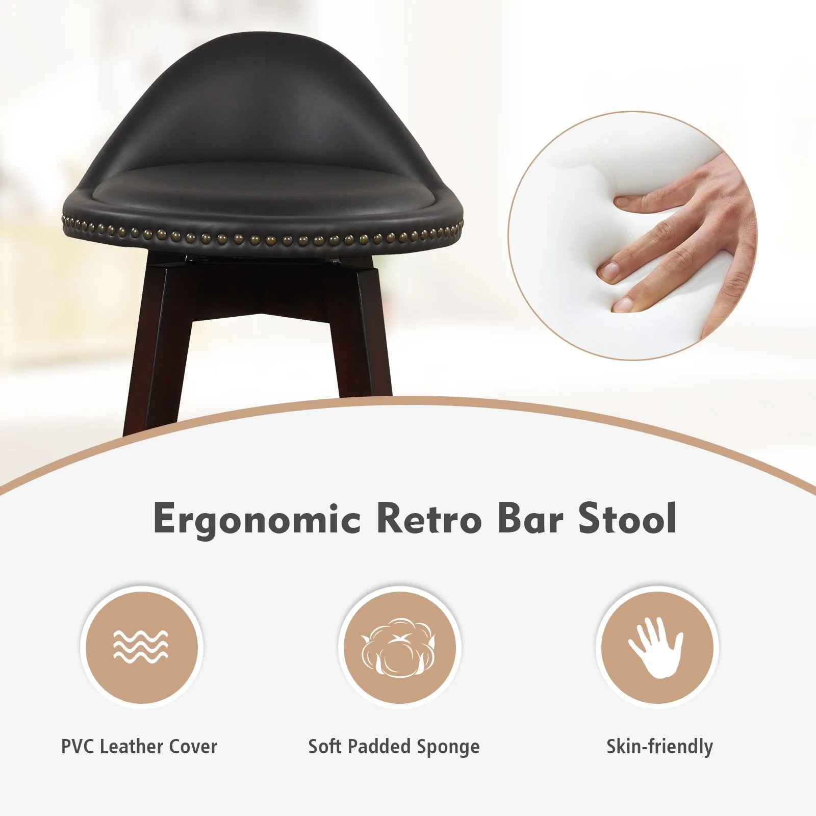 Costway Set of 2 Bar Stools PVC Leather Counter Height Chair 360° Swivel Padded Seat in Black 4
